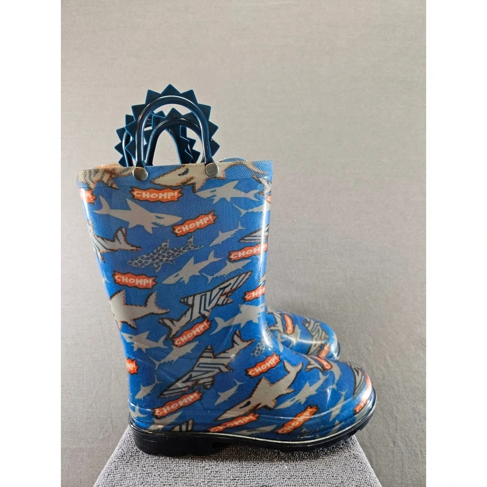 Shark Chomp Print Blue Rubber Rain Boots Kids Size 13/1 Waterproof  (sku 131)